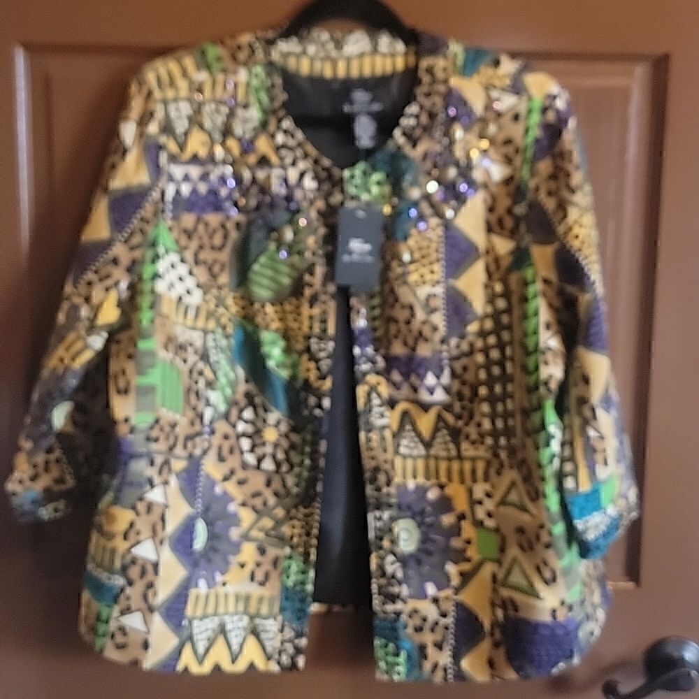 Trenz-Silk purple & green print jkt. 1X. NWT. 3/4 Sleeves. Round neck. - Picture 3 of 12
